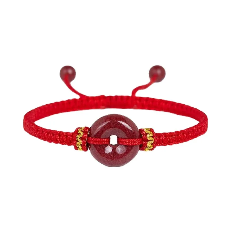 Chinese Style Handmade Cinnabar Peace Buckle Adjustable Braided Red String Bracelet Lucky Blessing Wealth Attracting Jewelry For