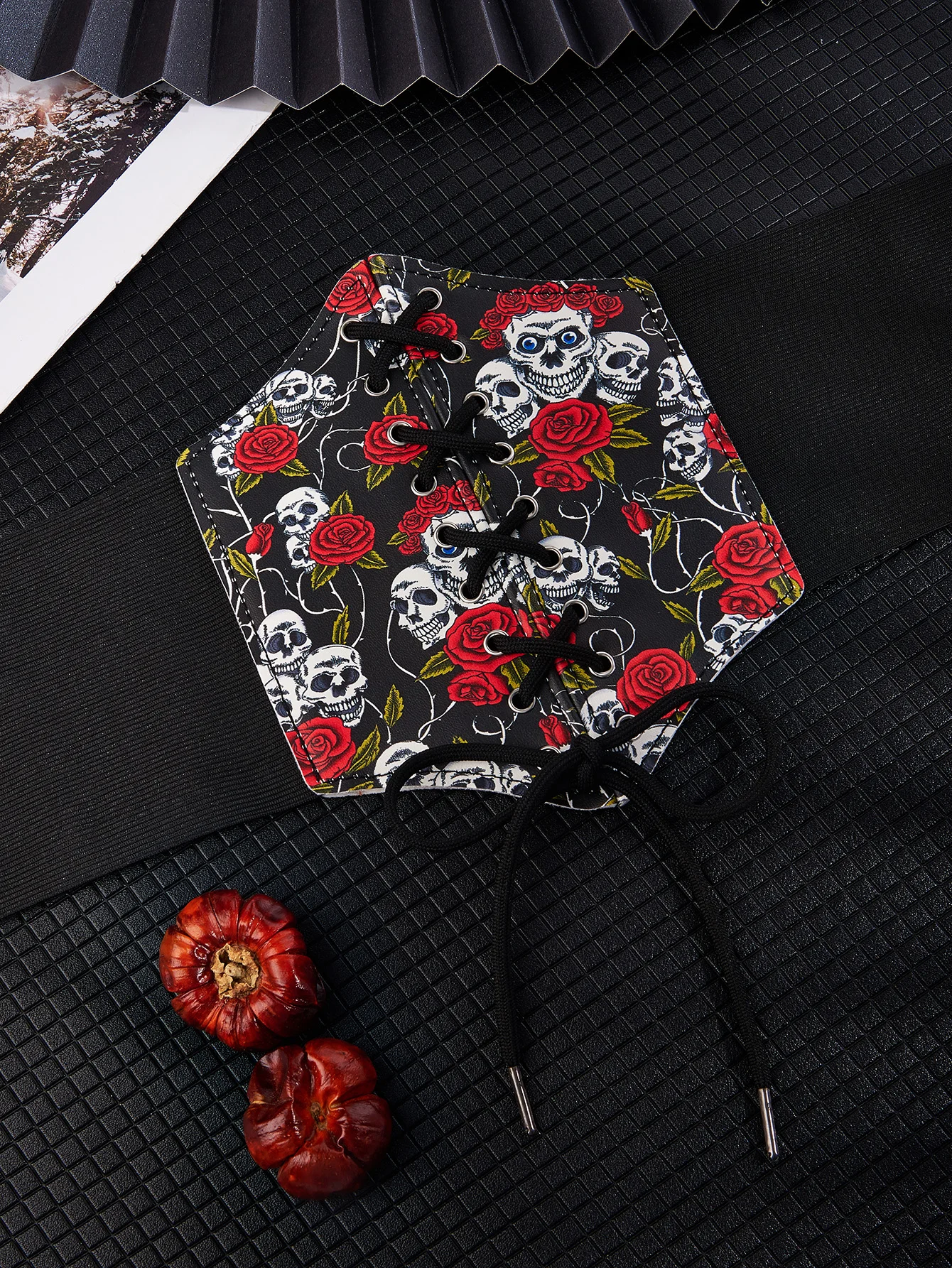 Preto PU Crânio Rosa Cinto para Mulheres Par com Vestidos Saias Jeans Adequado para Festas de Halloween Desgaste Diário