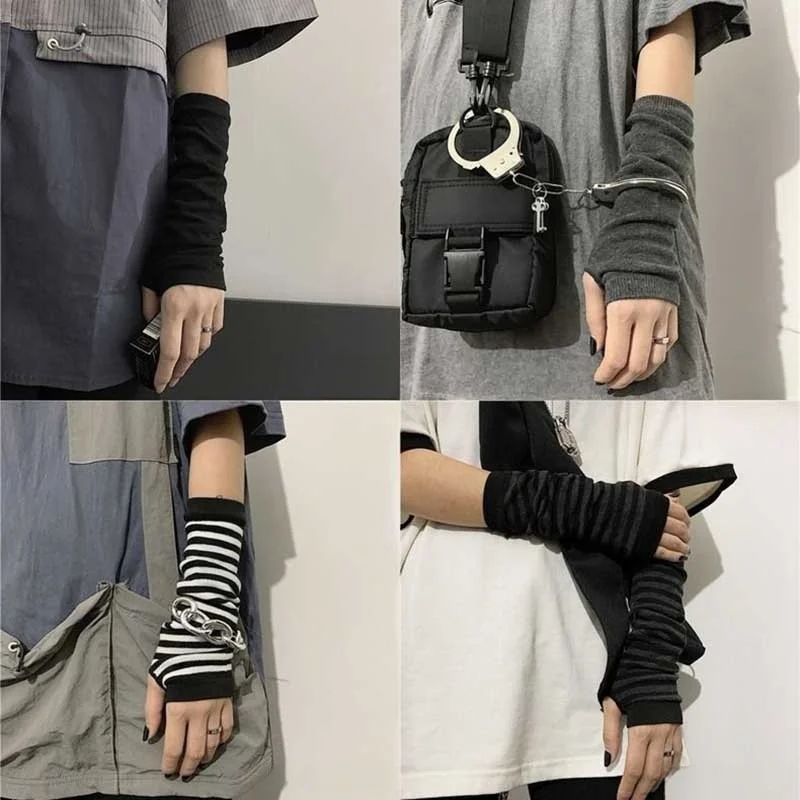 Striped Warmer Knitted Long Fingerless Gloves Elbow Mittens Fashion Women Emo Gloves for Cold Weather Daily Casual Outdoor Wear