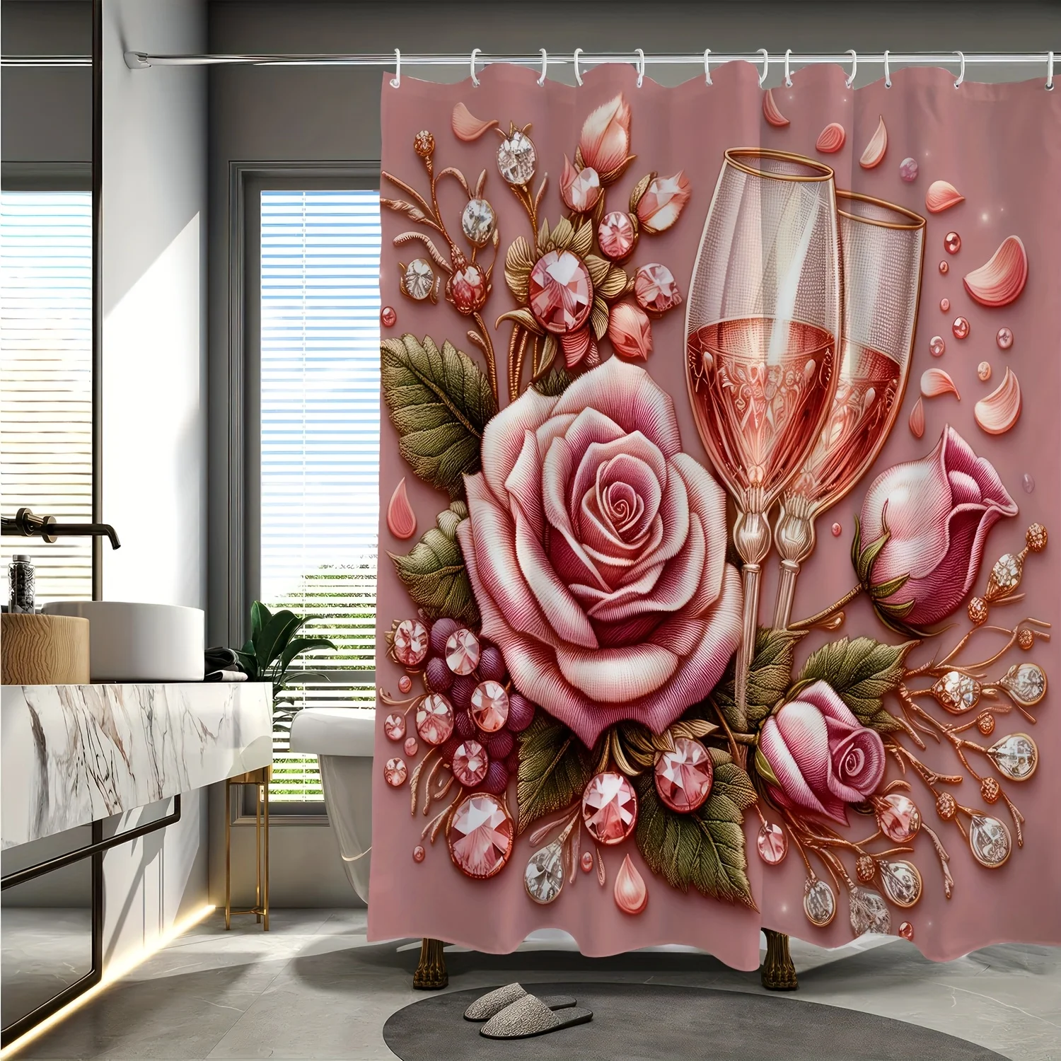

romantic valentines day pink rose champagne print digital shower curtain for bathroom home decor with hooks machine washable