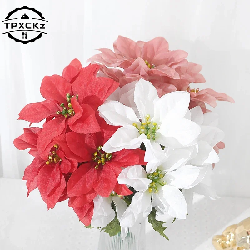 33cm Artificial Poinsettia Bushes Faux 7 Heads White Red Silk Artificial Christmas Flower Bouquet For Home Wedding Party Decor