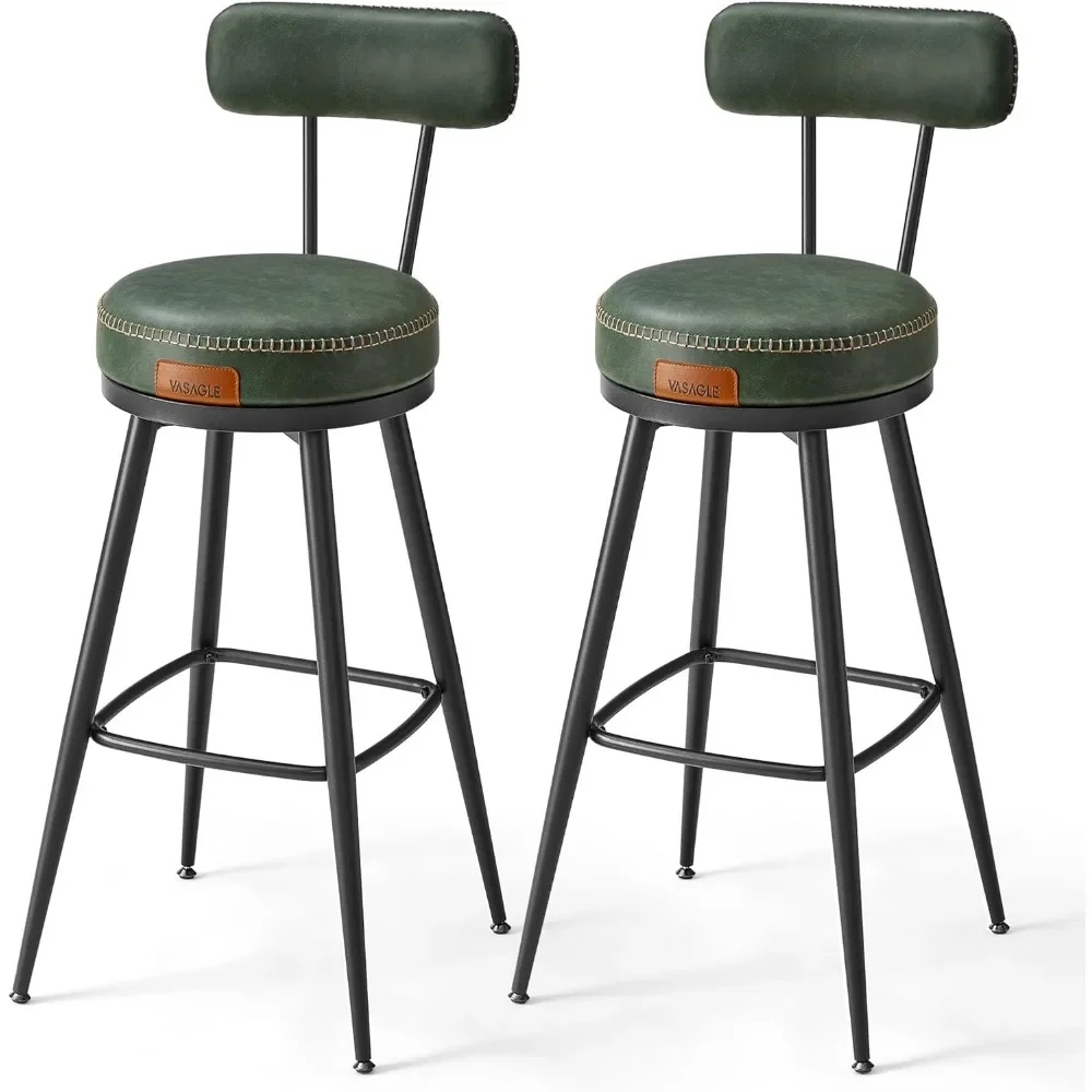 Bar Stools Set of 2,Bar Height Swivel Bar Stools with Back, Synthetic Leather Mid Century Modern,30-Inch Tall,Forest Green