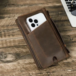 Men's Genuine Leather Family Passports Travel Wallet Clutch Bag with Airtag Case Pen holder Phone Long Wallet Handbag