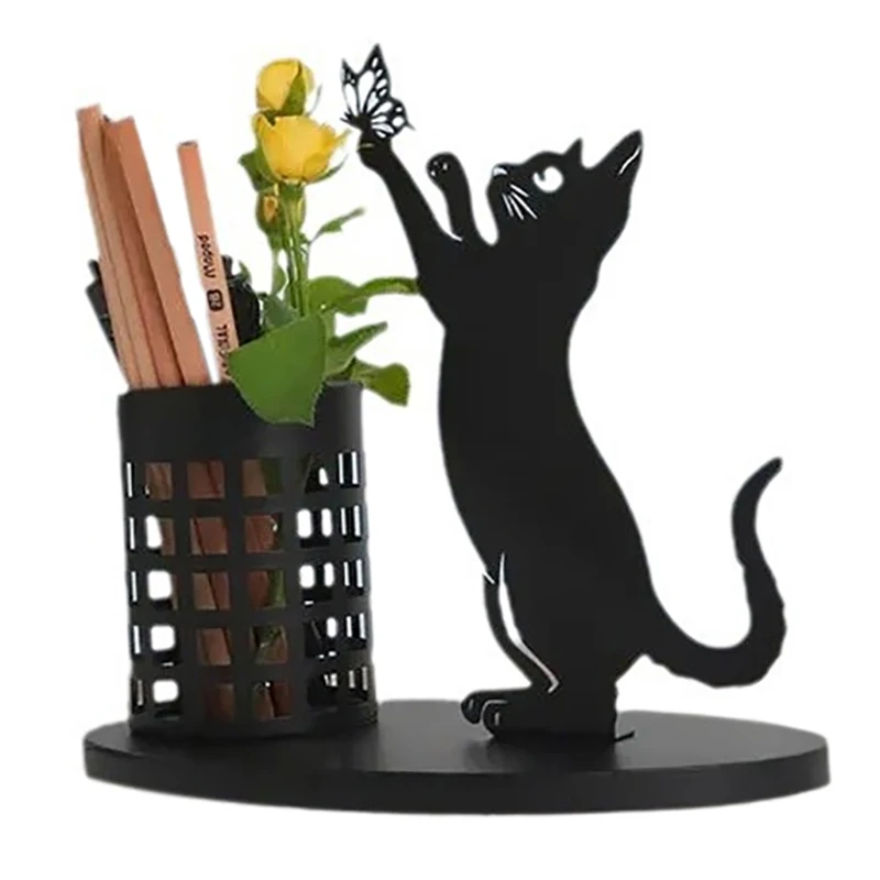 Portalápices de gato único para escritorio, organizador de bolígrafos para dormitorio, oficina, corte de Metal, decoración del hogar para centro de mesa, 1 unidad