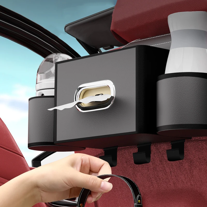 SEAMETAL All in One Seat Back Organizer for Car PU Leather Storage Box Tissue Holder/Cup Holder/Hook/Adjustable Phone Mount