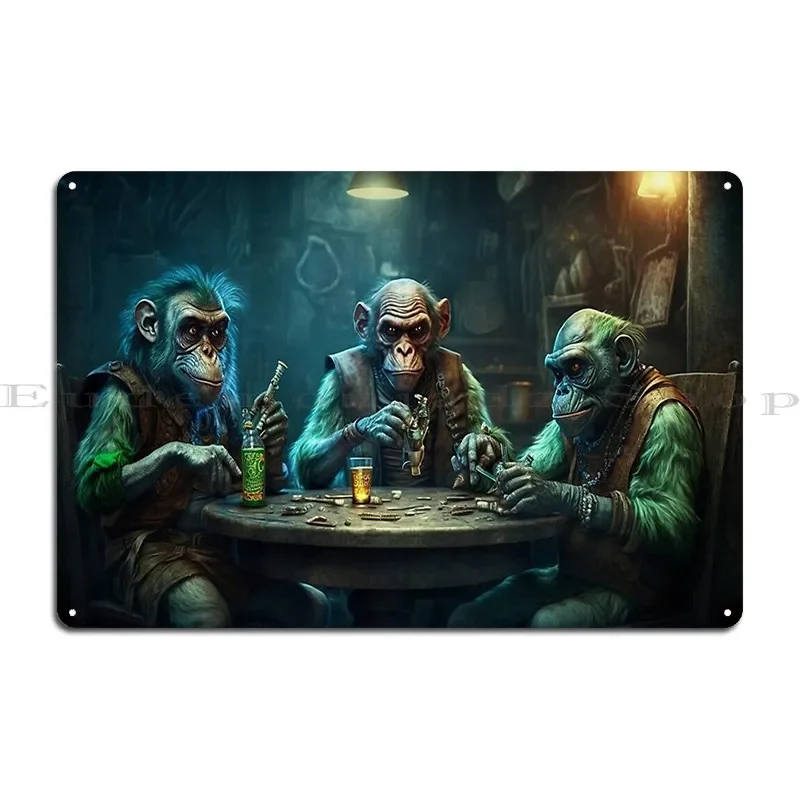 3 Monkeys Playing Poker At A Bar Metal Plaque Cinema Wall Decor Designer Mural Home Tin Sign Poster