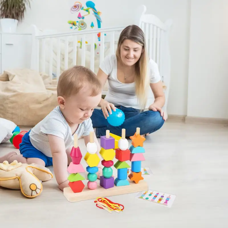 Jouet de séquençage de perles en bois, jouets de tri de formes Montessori, jouet d'empilage de couleurs, perles de laçage, enfilage, jouets de motricité fine