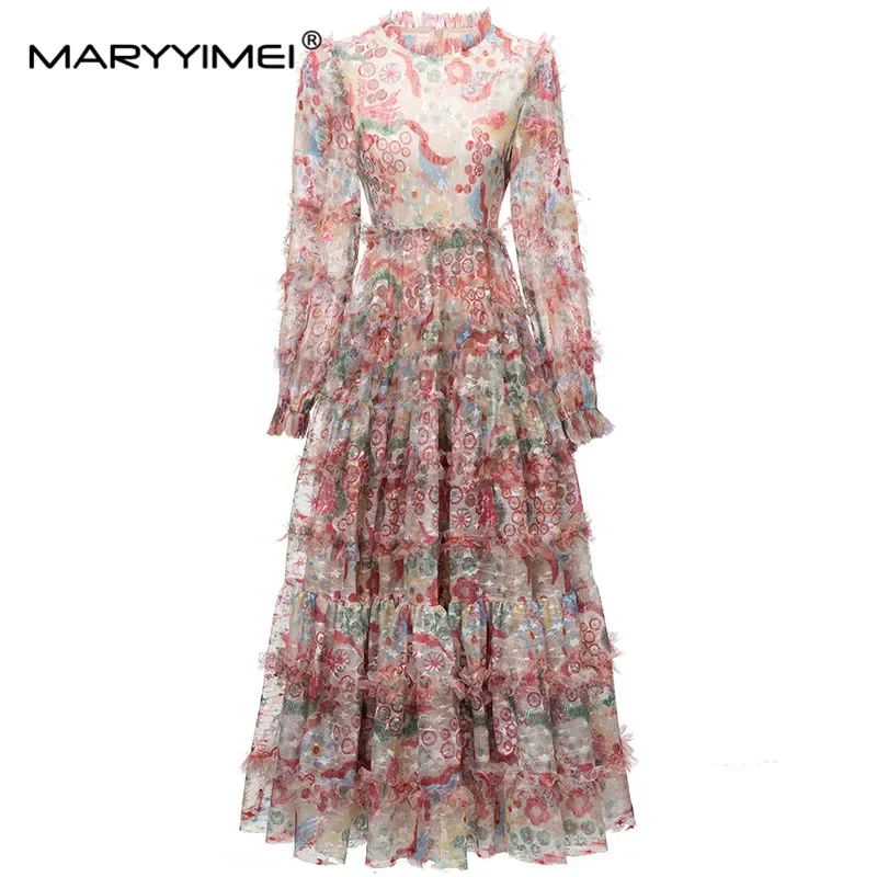 

MARYYIMEI New Fashion Runway Designer Women's Clothing Lantern Sleeve Printed Ruffled Patchwork Fluffy Mesh Wooden Ear Dress
