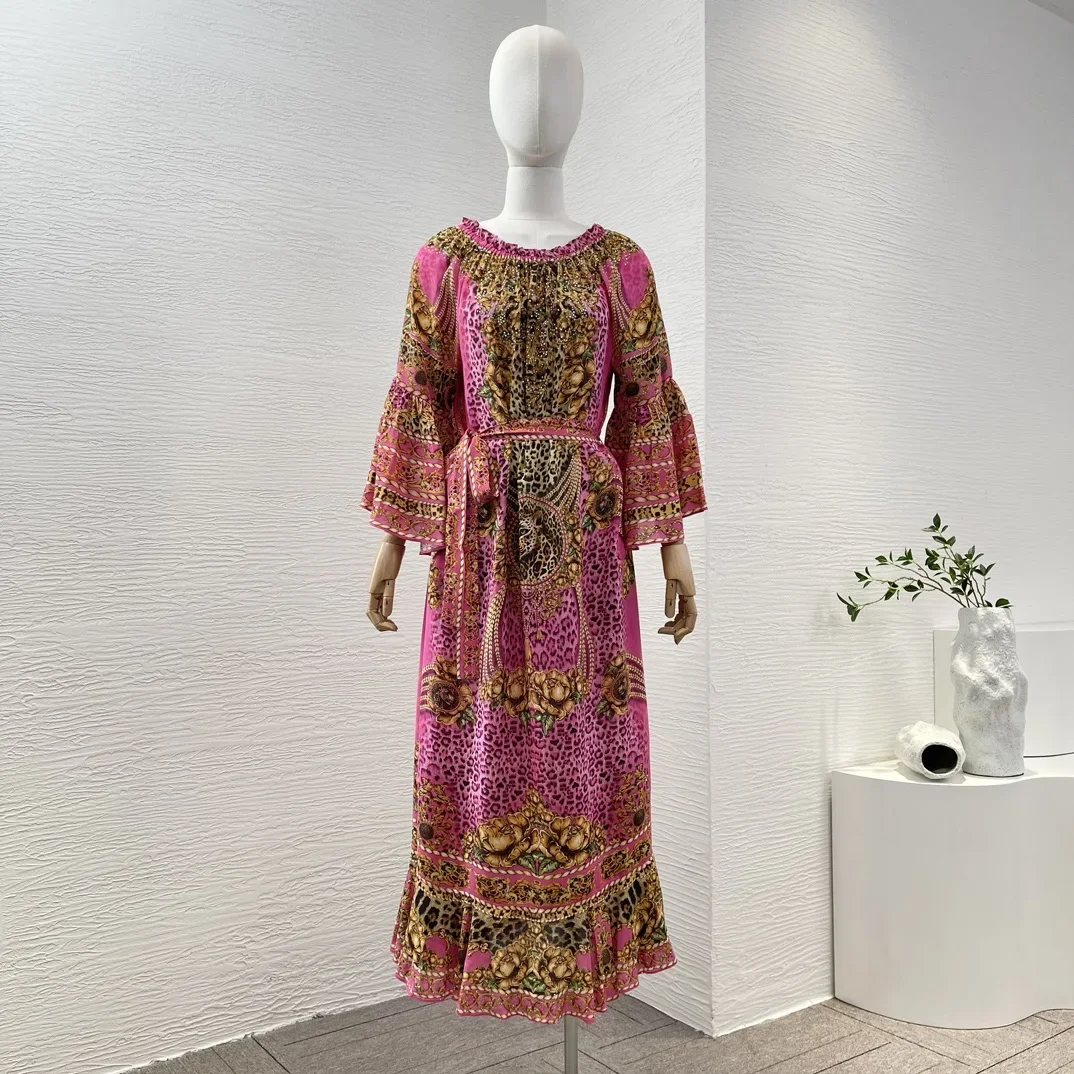 2024 New Silk Rose Red Leopard Tiger Animals Print Long Sleeve Diamonds Pressed Ruffle Collar Belt Oversize Loose Midi Dress