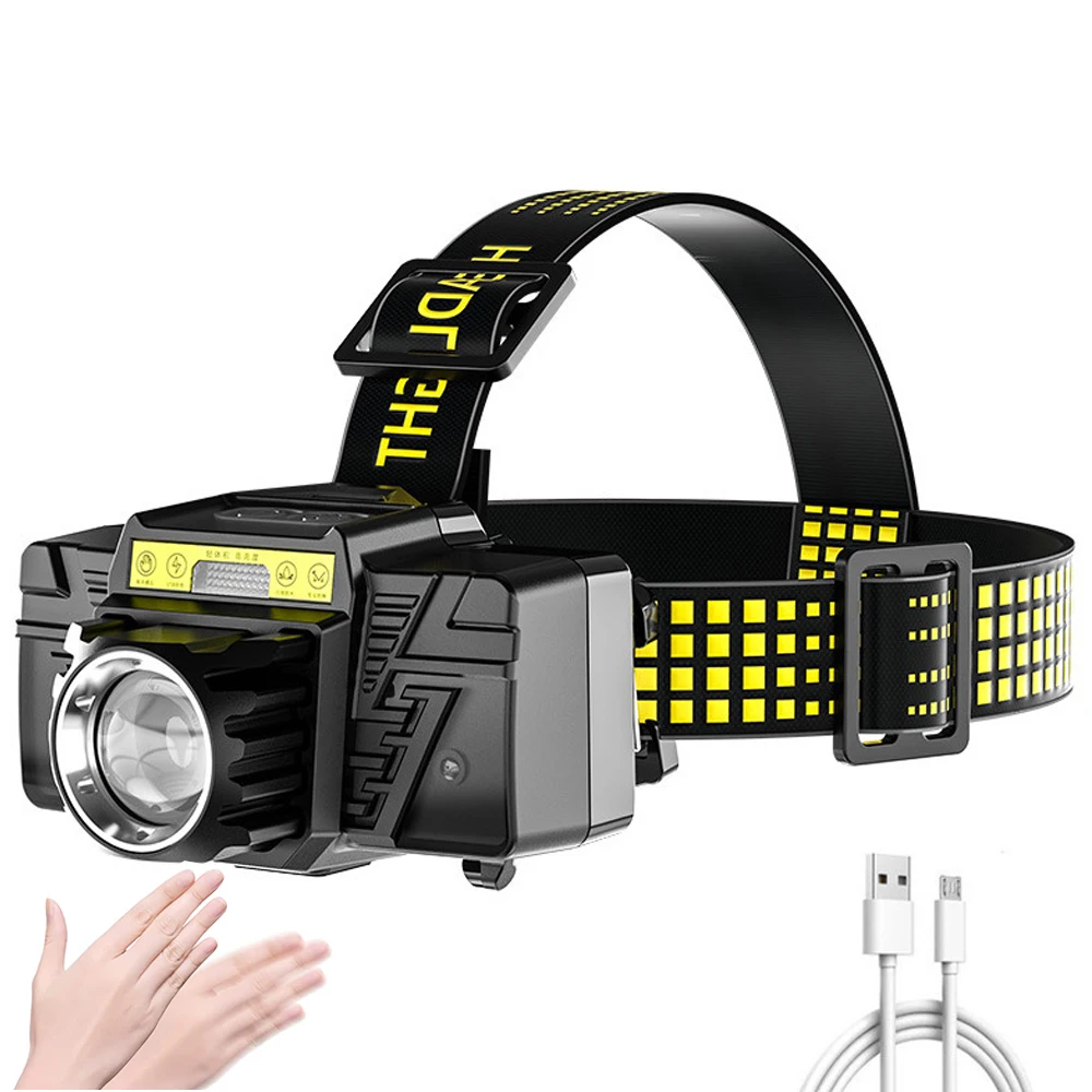 

Super Bright LED Headlamp Zoomable Type c Rechargeable 18650 Wave Sensor 5 Mode Floodlight Head Light for Fishing Camping Hiking