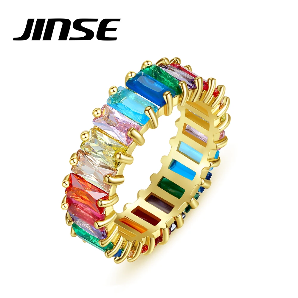 JINSE Rainbow Colorful Cubic Zircon Finger Rings Fashion Classic Multicolor Best Design Jewelry for Women Party Dress Decoration