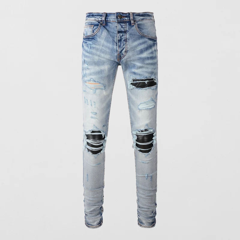 

Fashionable new jeans slim fit elastic washed nostalgic black leather hole patch light blue jeans hip-hop brand pants Y2K