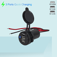 3 Port USB PD 60W Type-C Car Charger 12V 24V Fast Charging Adapter with wire for iPhone Samsung 4x4 Truck Motorcycle Golf Cart