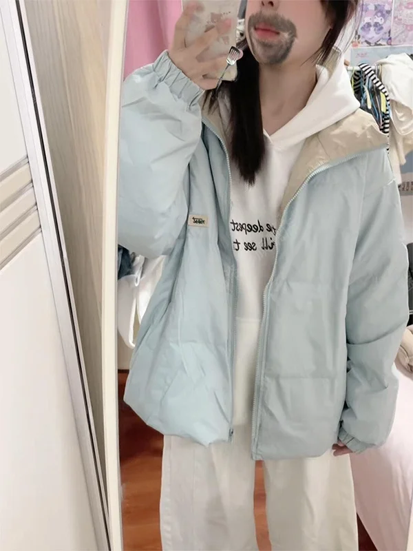 Korean Style Vintage Color Block Stand Collar Thickened Cotton Jacket Women's Winter Loose Versatile Warm Cotton Coat
