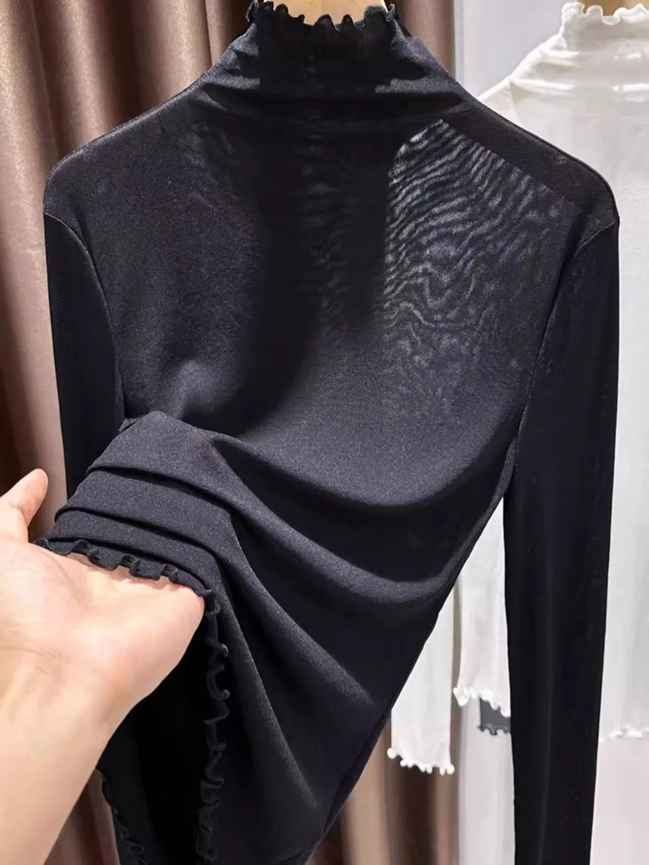 Camiseta de encaje de cuello alto para mujer, fina, de malla, estilo piel de tiburón, transparente, de color liso, a la moda, transpirable.