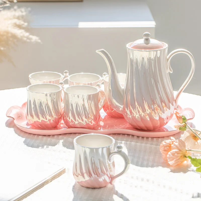 

8pcs European Style Tea Set-Exquisite Shell Stripe Teapot and Pearl Trim Cups for Afternoon Tea and Snack Time