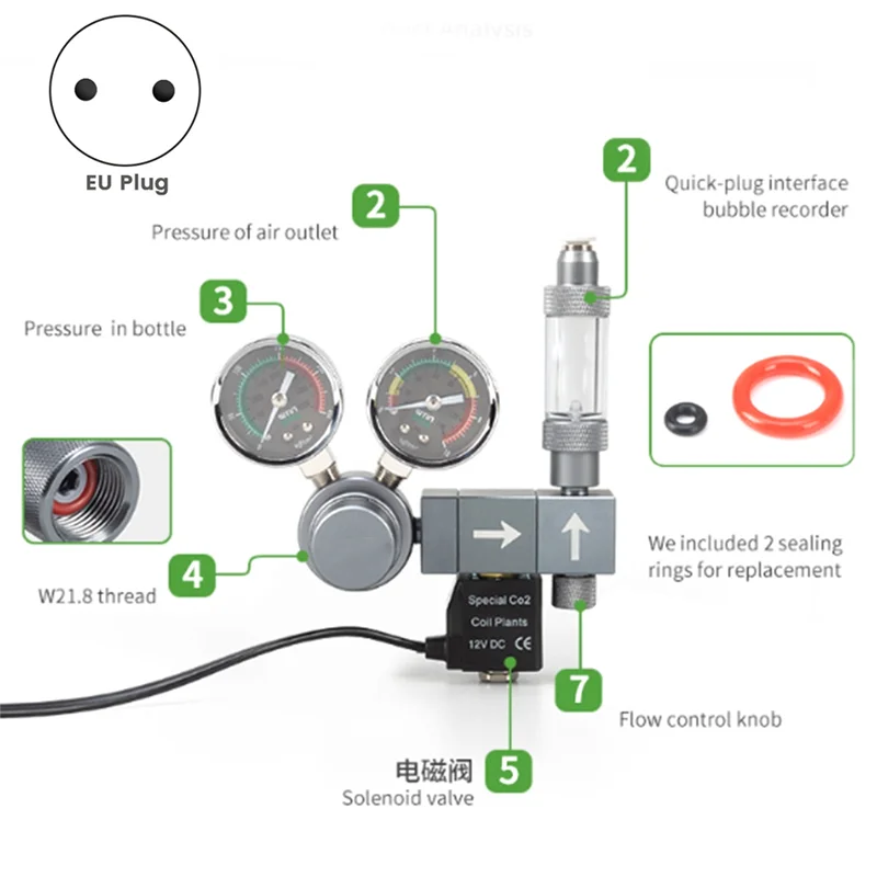 A83G-CO2 Regulator Dual Meter Magneetventiel Quick Plug Schuimrecorder Besturingssysteem Aquarium CO2 Drukreduceerventiel EU Pl