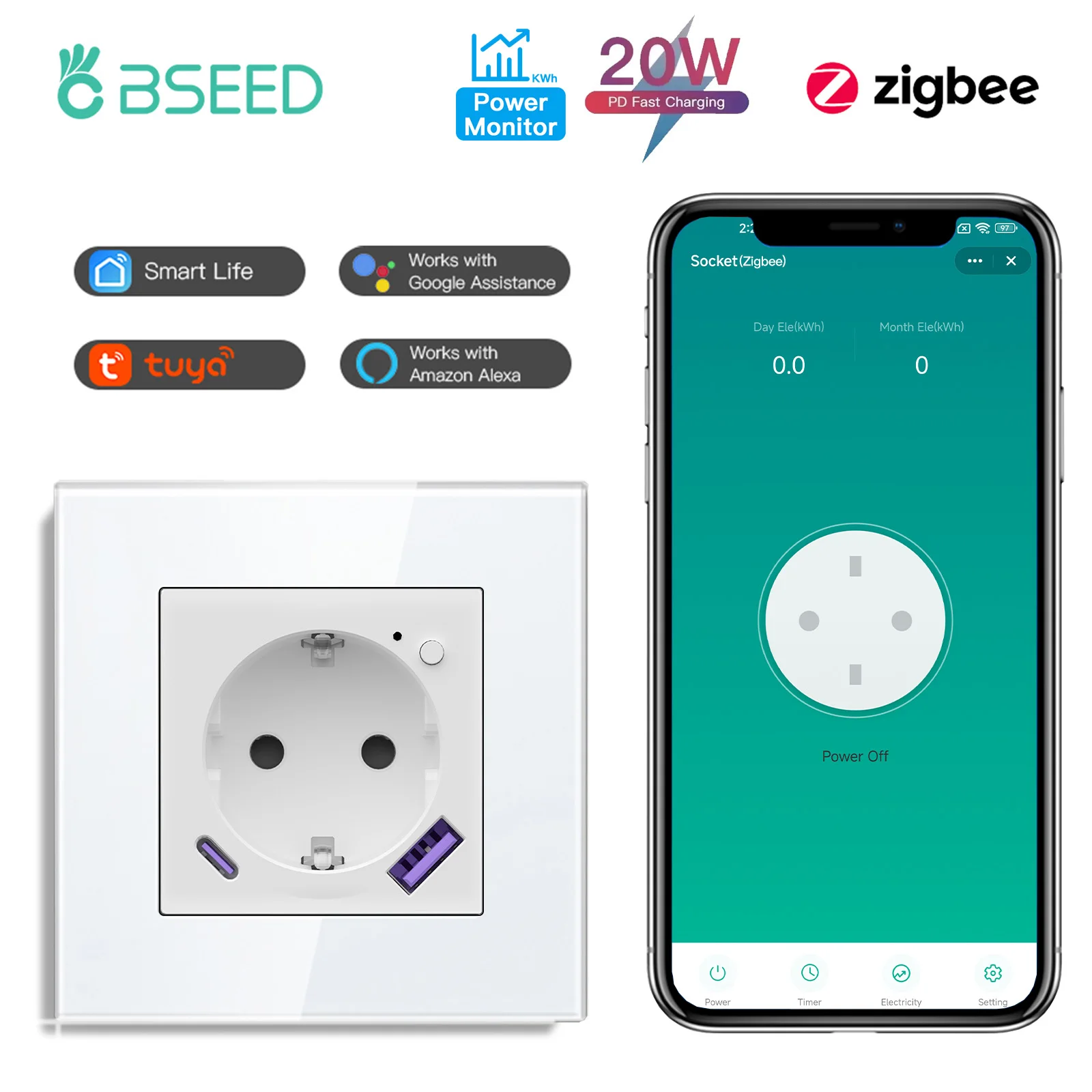 Prises intelligentes BSEED série E avec contrôle Zigbee, moniteur de puissance, prises murales 16A, charge rapide USB Type-C, compatibles avec l'application Tuya Smart Life, compatibles avec Google Assistant Alexa, cadre en verre blanc