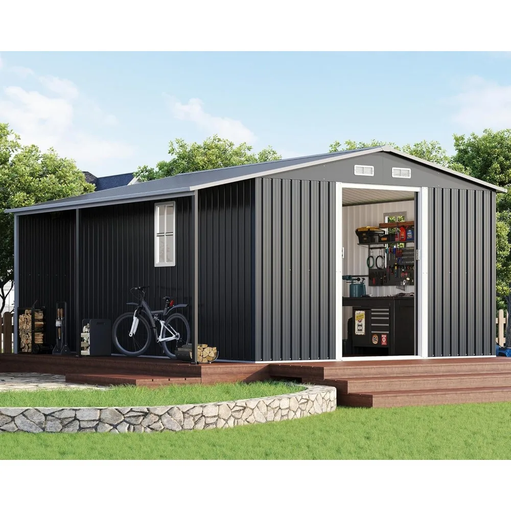 

12x12x6.6 FT Galvanized Metal Storage Shed with Open Firewood Bay, Sliding Doors & Ramp, 2 Windows & Vents, Weather-Re