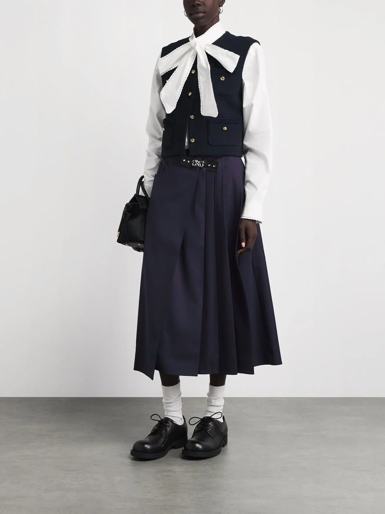 Naval Blue Asymmetric Pleated High Waist Commuter Midi Skirt Women's Metal Buckle A-Line Half Skirt Elegant Drapey