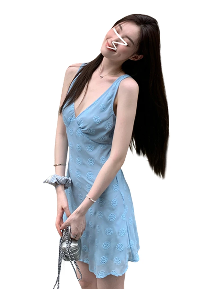 Blauer V-Ne ter Dr Damen Sommer Strand Vaion ort Rock Lässiges A-Linie-Baumwollkleid mit hoher Taille für junge Damen