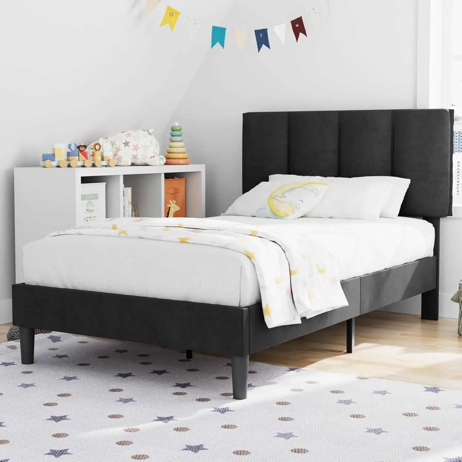 Twin Bed Frame with Upholstered Headboard, Platform Mattress Foundation with Strong Wooden Slats Support, No Boxing Spring Neede
