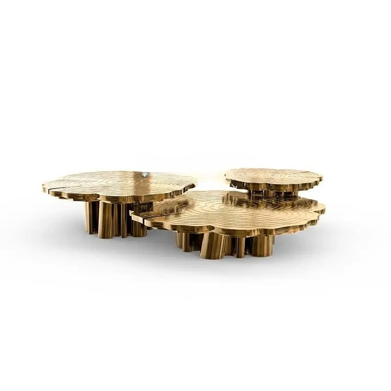 

Italian light luxury round coffee table high-end villa living room stainless steel heterosexual etching high and low combination