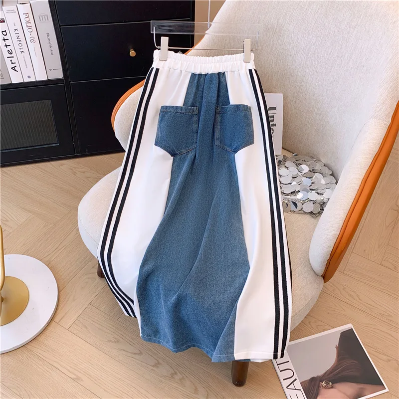 New Fashion Female Trousers Set Spring Autumn Fake Two Pieces Denim Coat Wide Skirt Two-Piece Women\'s Casual Sports Sets 4XL