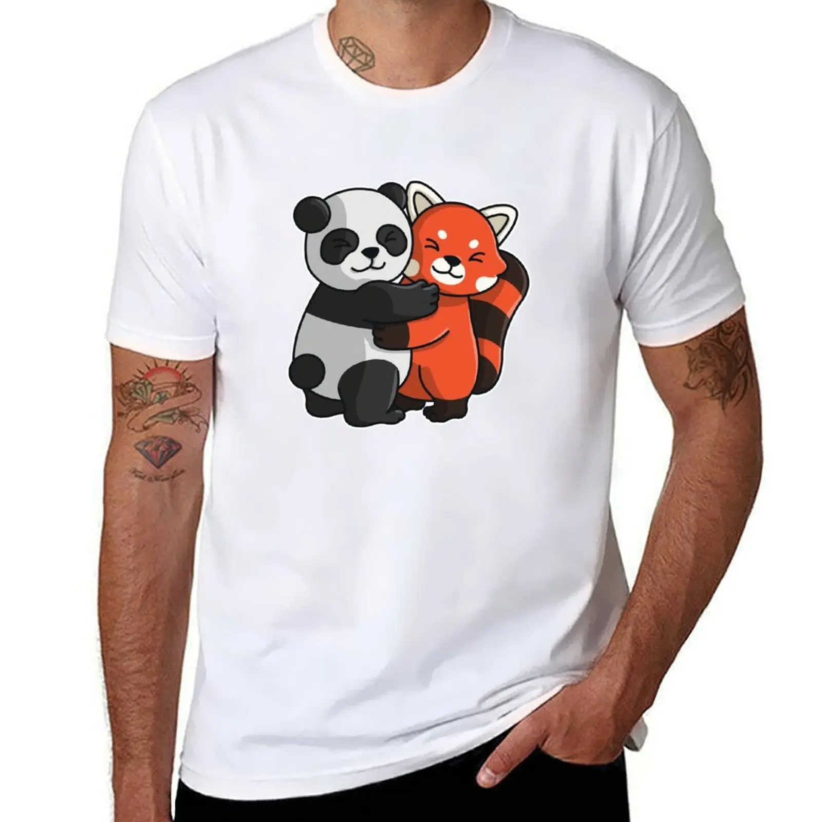 

red Panda and Panda bear cute Hug Cuddle Animals T-Shirt man t shirts cotton black cotton t-shirt plain for man package T-Shirt