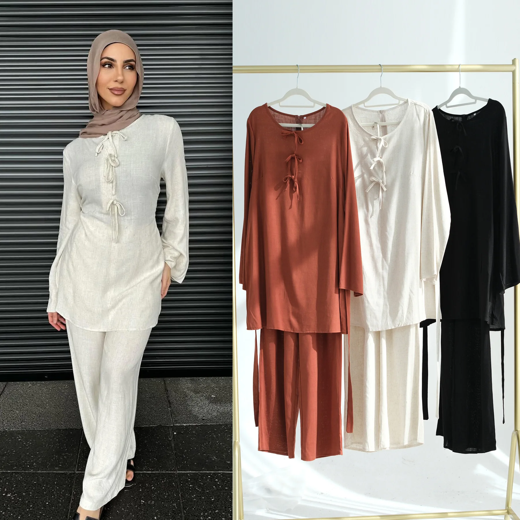 Eid Ramadan Two Piece Sets Tops and Pants Women Muslim Abaya Moroccan Kaftan Islam Clothing Musulman Ensembles 2025 Bow Outfits