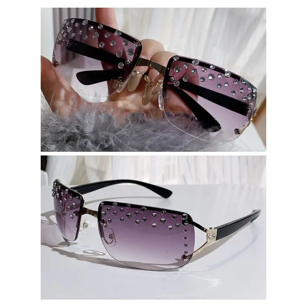 نظارات شمسية عصرية Y2K Diamond بدون إطار للحماية من الأشعة فوق البنفسجية، ظلال مستطيلة مصممة للنساء