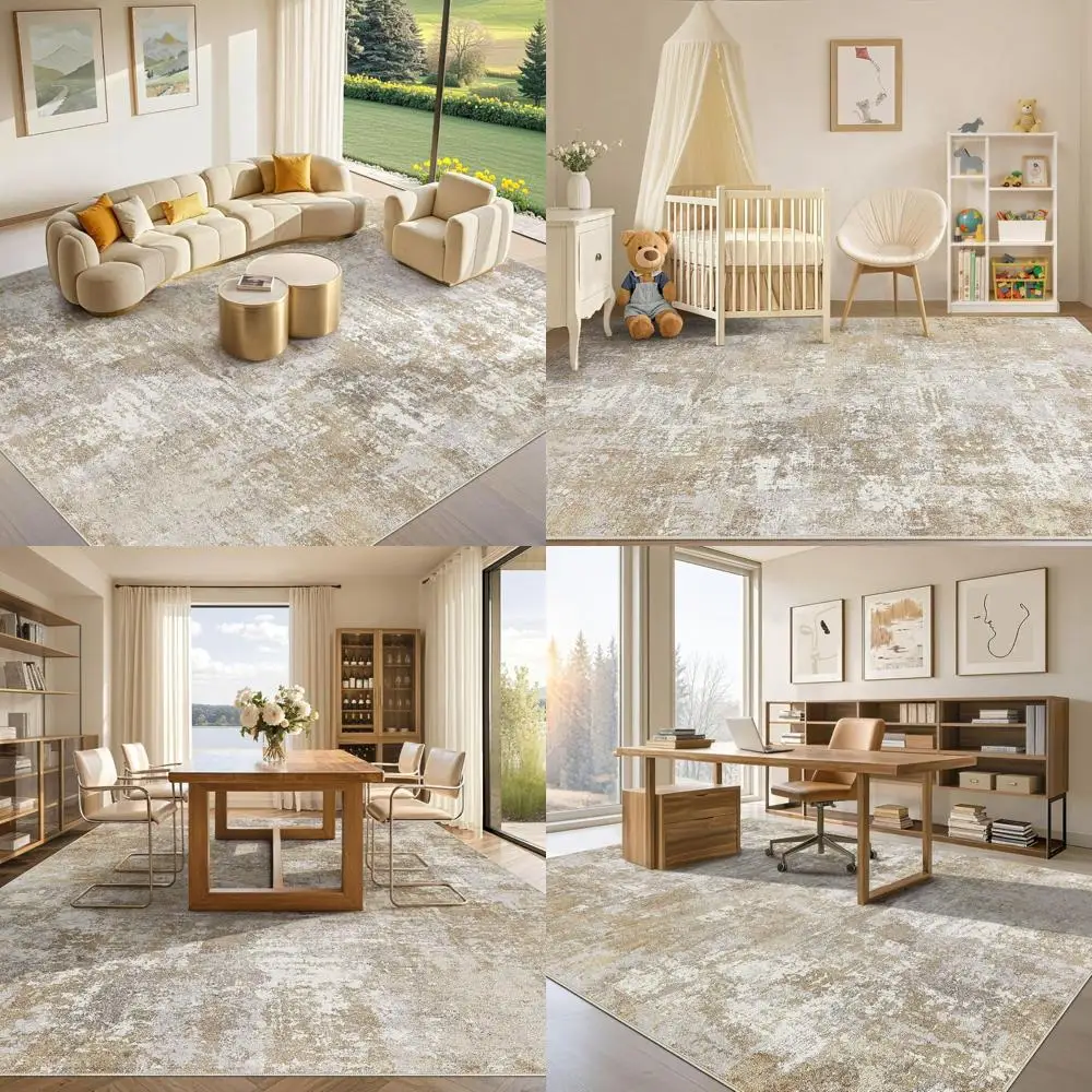 

Modern Abstract Neutral Large Soft Thin Rug - Non Slip Indoor Carpet for Living Room and Bedroom