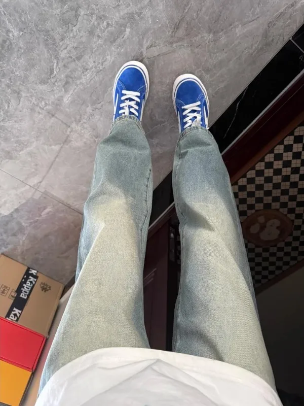 

Retro Blue Waed Men's Bell Bot Jeans American Sle Slim Straight Loose Fit Casual Autumn Wear Non-Stretch Denim Jeans