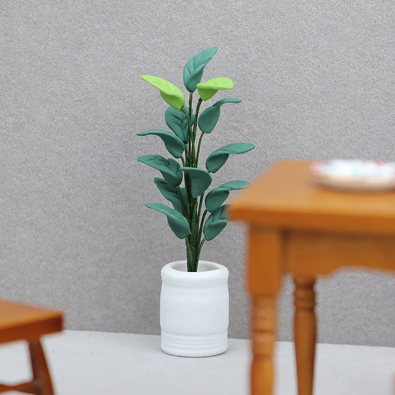 1Pcs 1:12 Dollhouse Miniature Potted Tree Plant Green Leafed Bonsai Garden Decor Toy Doll House Accessories