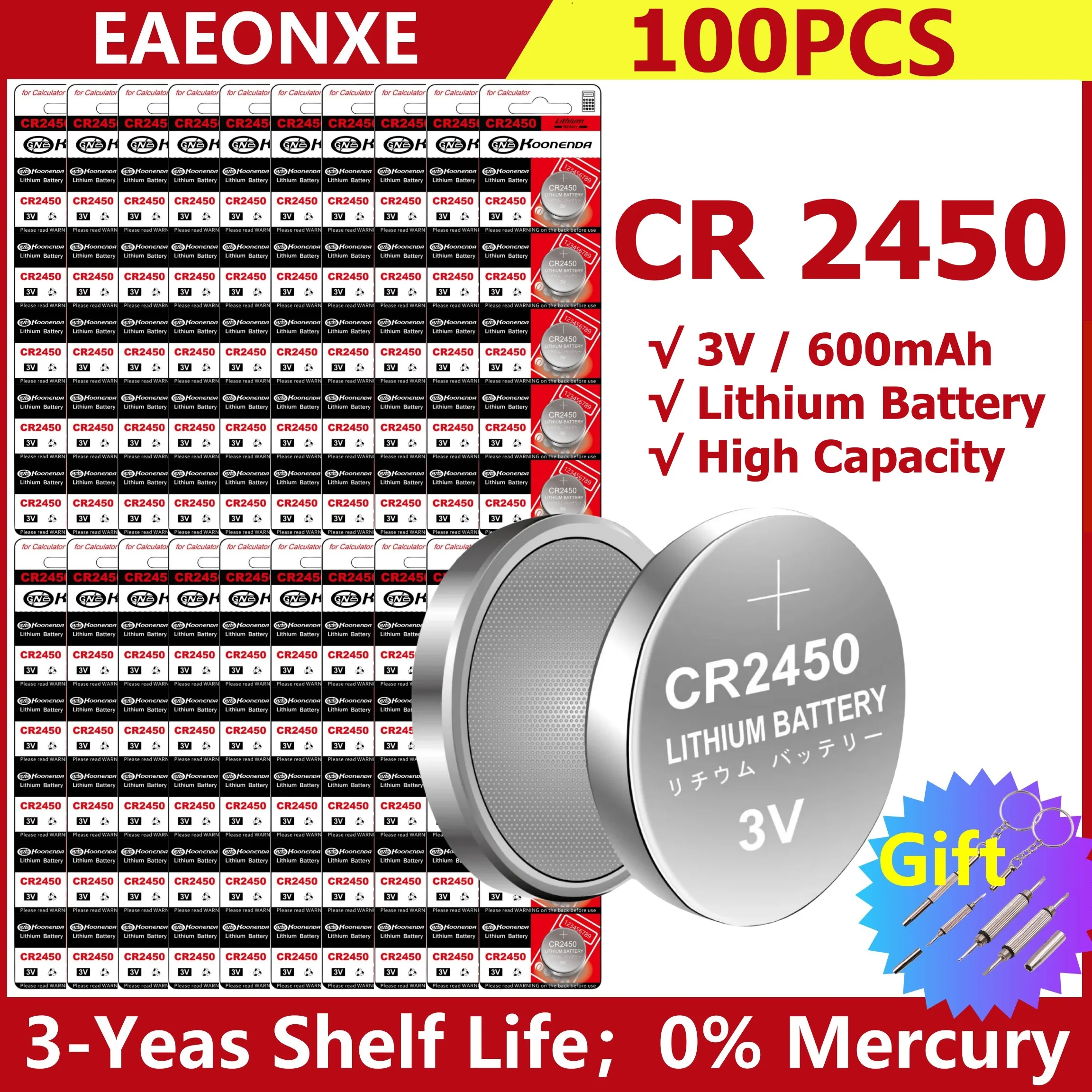 100pcs CR2450 3V Lithium Battery CR 2450 DL2450 BR2450 LM2450 KCR5029 For Toy Remote Control Watch LED Light Button Coin Cells