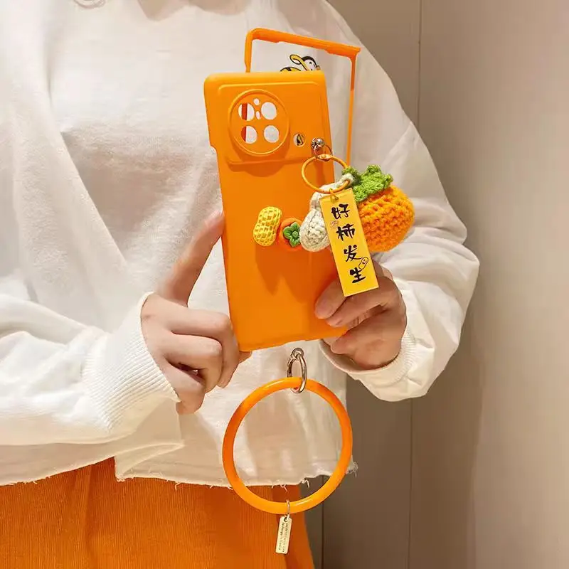 Cute 3D Persimmon Peanut Plush Wristband Bracelet Protective Phone Cover Case For VIVO X Fold 2 X Fold Capa Funda