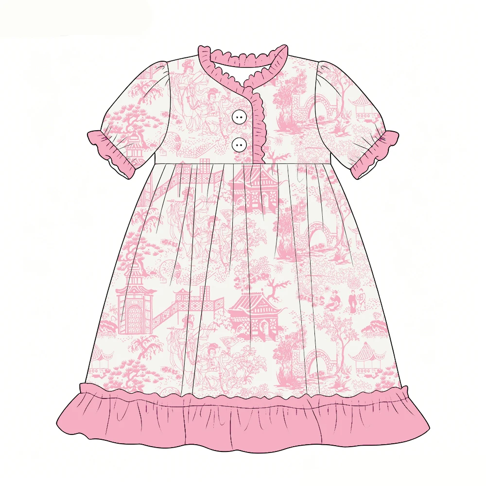 Boutique Girls dress Short-sleeved ruffled buttons tree cartoon print Casual Everyday Wear kids custom