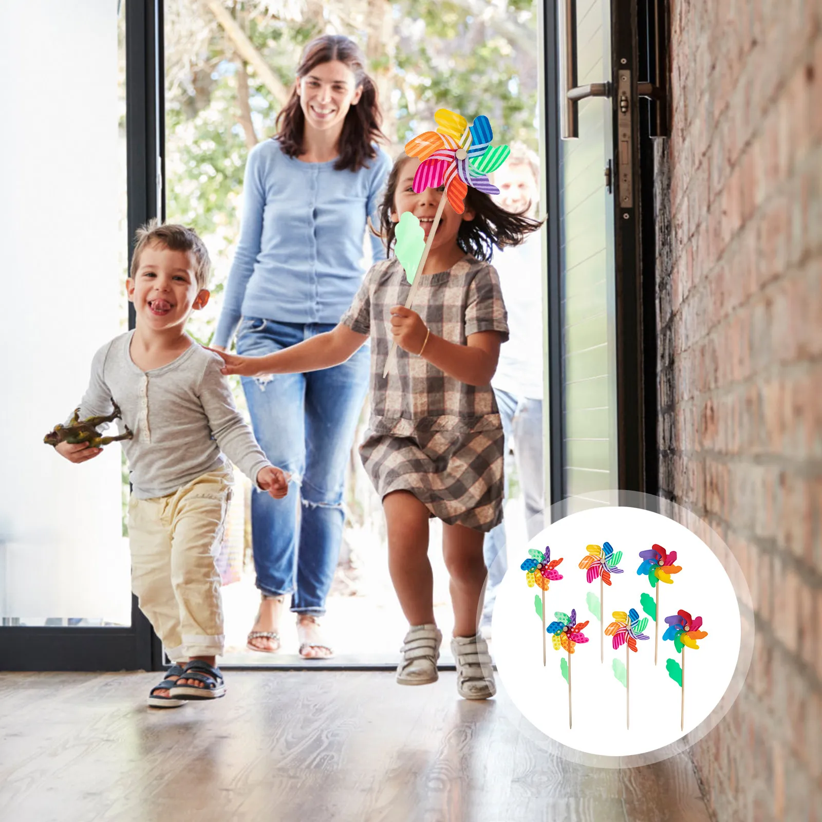 

6Pcs Colorful Pinwheel Windmill Garden Decor with Natural Wood Stem Rotating Outdoor Yard Courtyard Decoration Kids Party Home