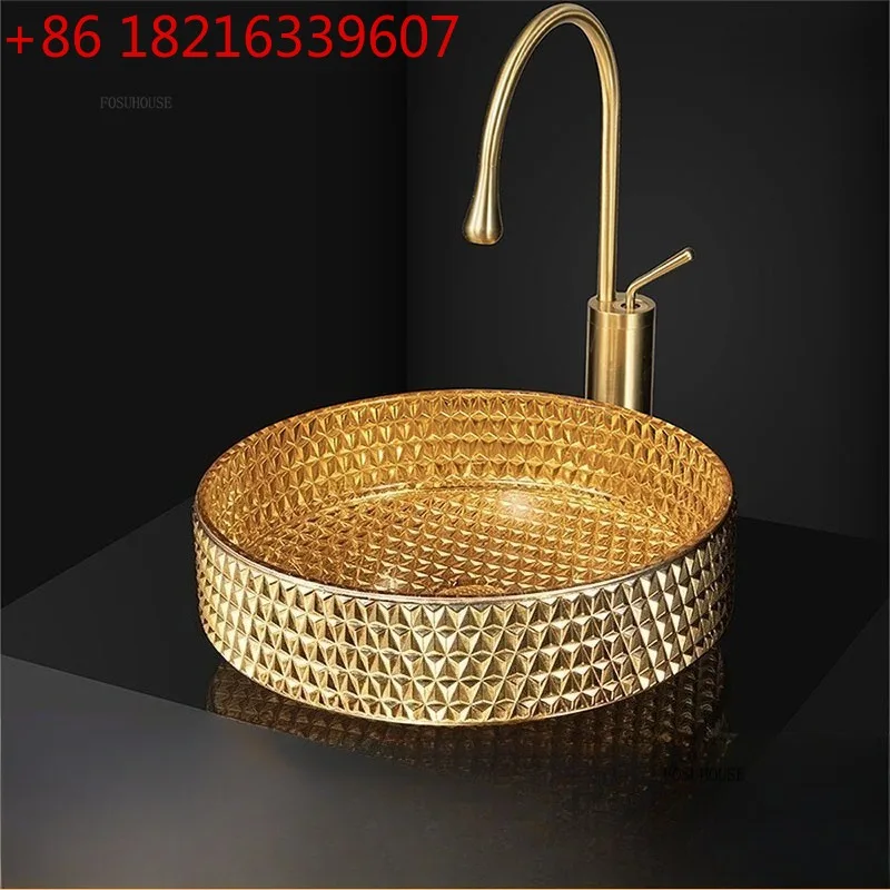 YAO Luxury Bathroom Sinks Electroplating Die-casting Art Glass Wash Basin Home Toilet Balcony Cylindrical Crystal Countertop Bas