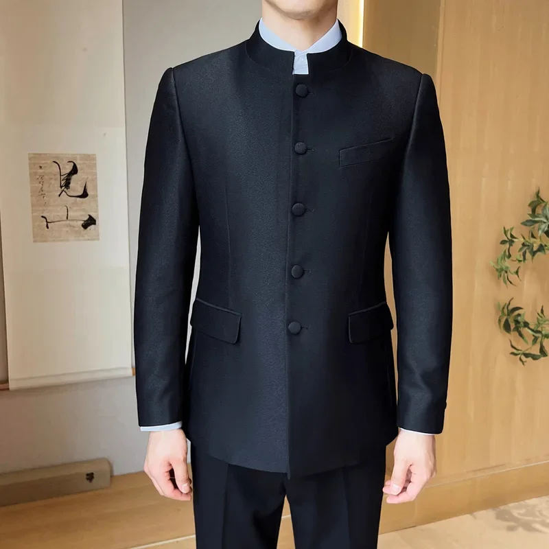 2 Pieces Men Chinese Style Slim Fit Stand Collar Wedding Groom Wear Party Ceremony Tuxedo Suits Sets Jacket Pant Costume