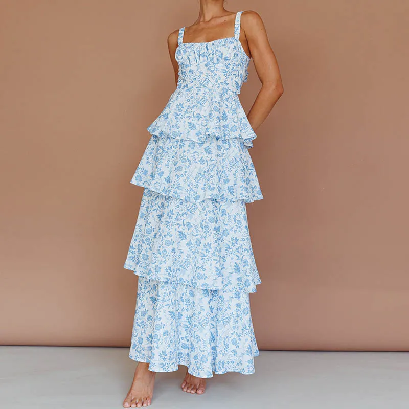 Maemukilabeผู้หญิงBohoดอกไม้MaxiชุดY2kสปาเก็ตตี้Backless RuffleฉัตรFlowyฤดูร้อนBeach Sundress