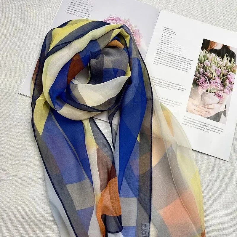 Summer Multicolored Silk Scarf for Women's Lightweight Printing Fashion Silk Scarves Outdoor Accessories