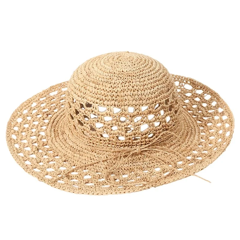 2026 Fashionable Straw Hat for Beach Holidays: Women’s Wide-Brimmed Beach Hat with Bow and Openwork Sun Protection