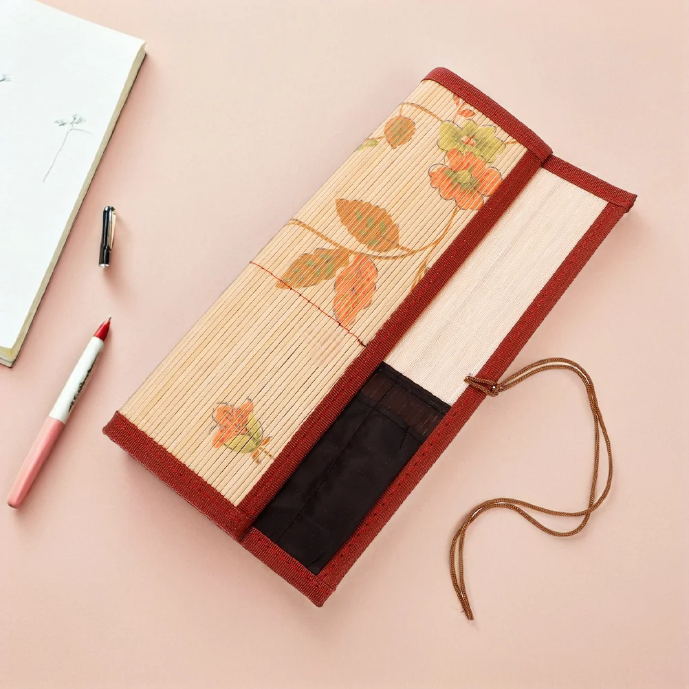 2Pcs Bamboo Calligraphy Brush Roll Organizer Portable Artist Pen Holder for Painting Drawing Travel Home Use Pen Wrapping Bag