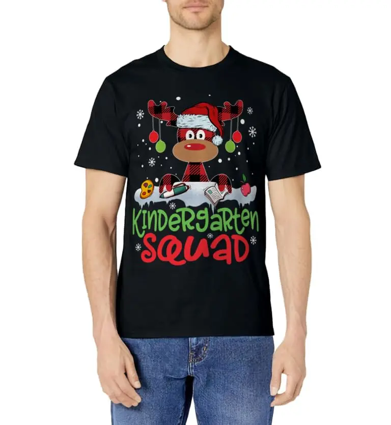 Plaid Reindeer Santa Hat Kindergarten Squad Teacher Xmas T-Shirt