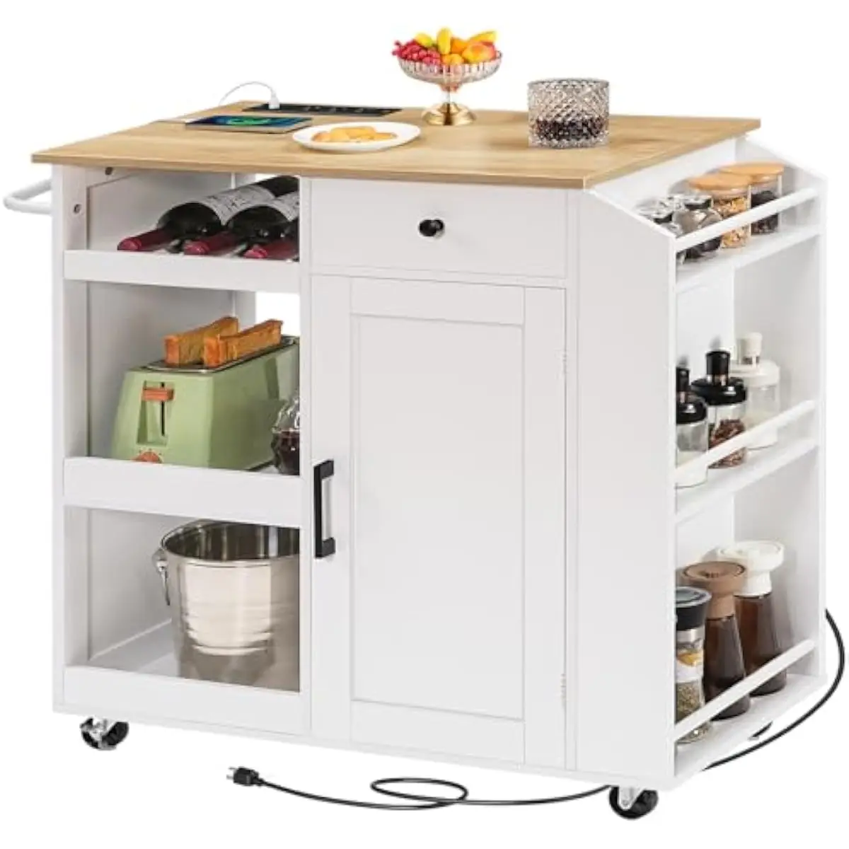 Rolling Kitchen Island Cart with 3 AC Outlets USB-A USB-C Charging Hub Tiered Shelves Wine Rack Spice Organizer Towel Holder Adj