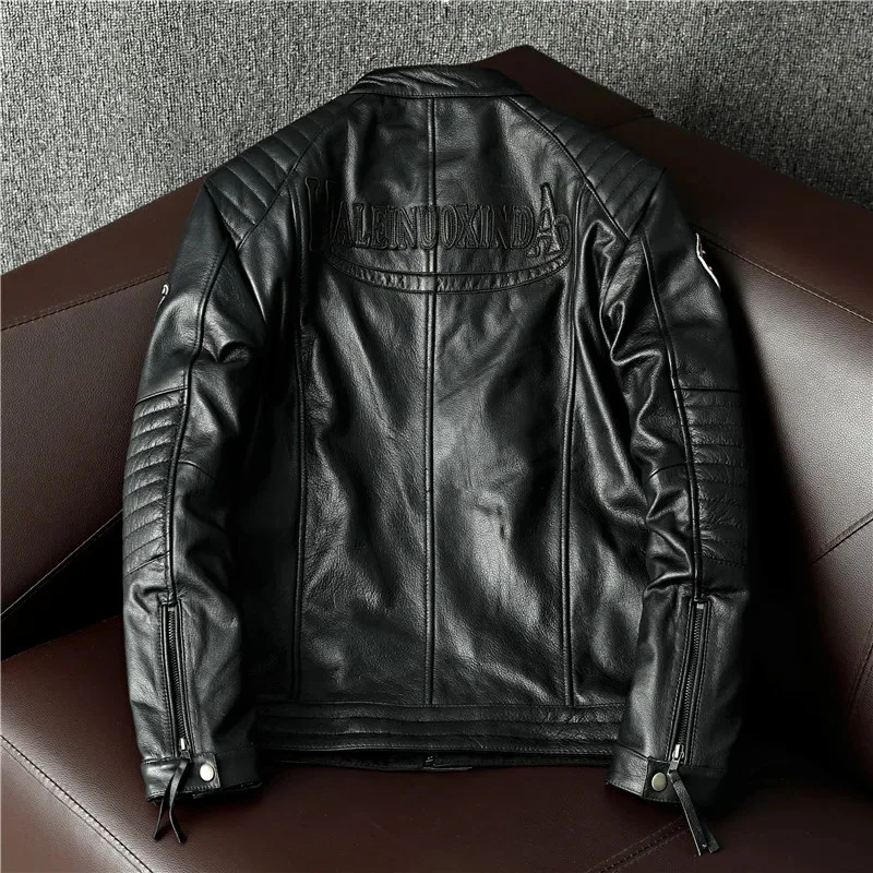 Genuine Leather Jacket Men Motorcycle Soft Top Layer Cowhide Coat Multi Embroidery Slim Fit Autumn Winter Women