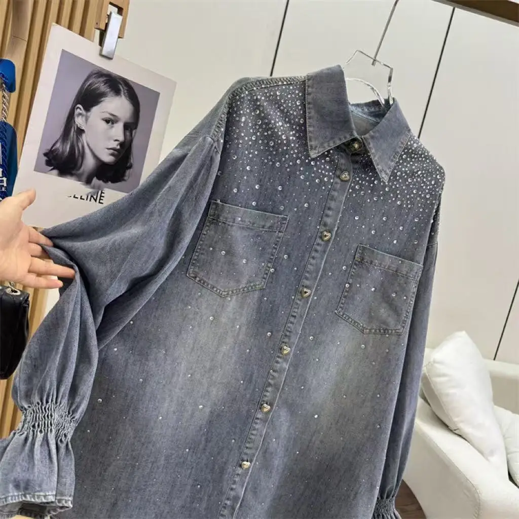 New In Autumn Sparkle Hot Drilling Denim Shirts & Blouses For Women\'s Fashion Trend Long Sleeve Blusas Woman Clothes