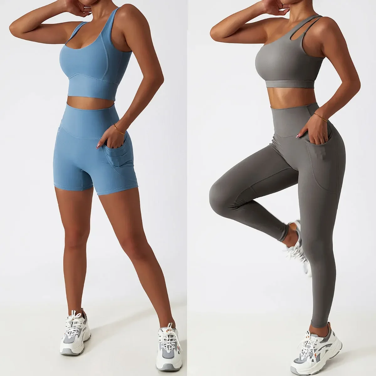 

Workout Gym Set Women Yoga Set 2 Piece Matching Sets Womens Outfits for Sport Clothing Leggings with Pockets One Shoulder Bra