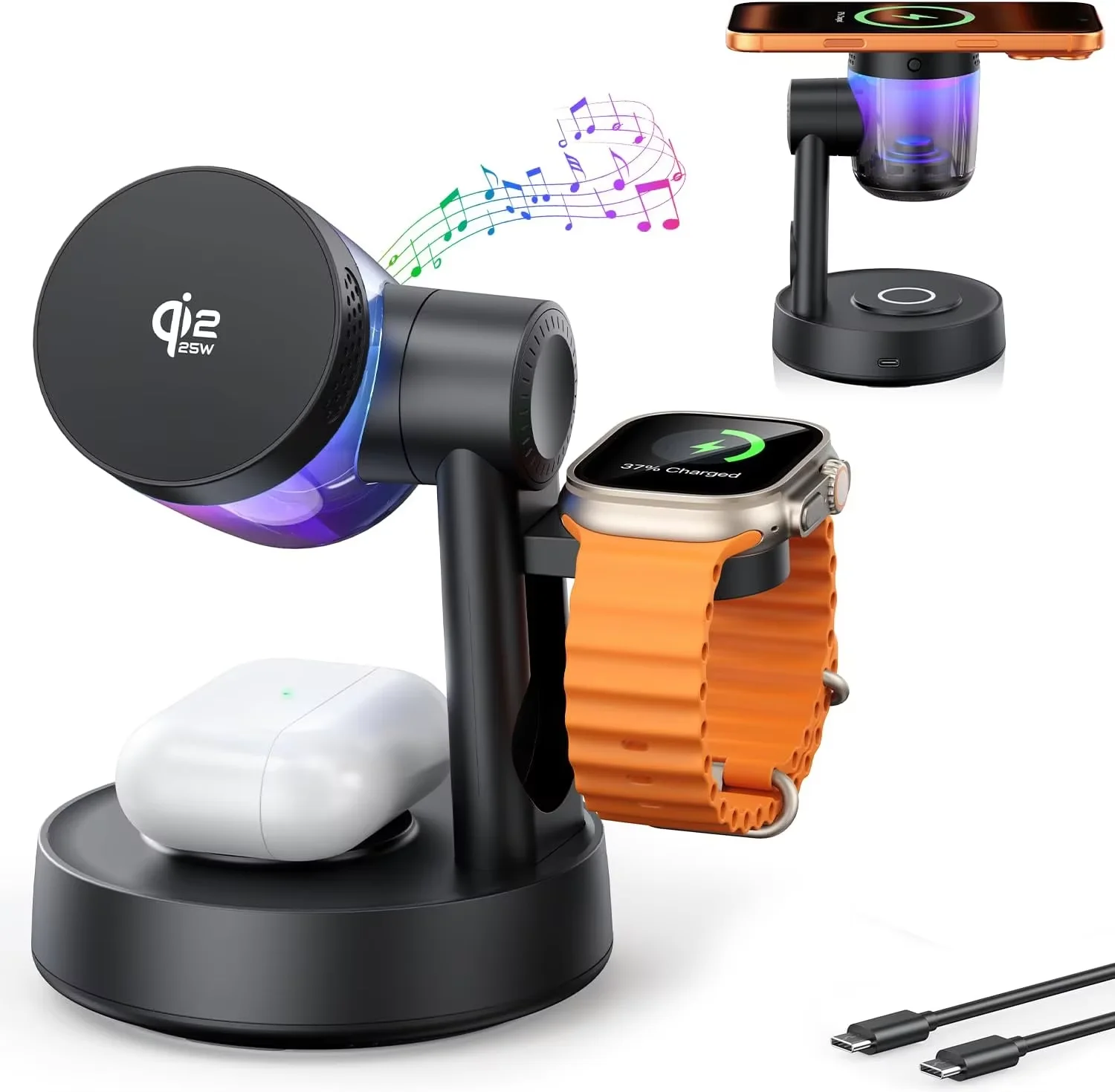 

Bluetooth-колонка с беспроводной зарядкой Qi2 25W, магнитная быстрая зарядка для iPhone 17 Pro Max, Apple, Samsung Galaxy Watch, Airpods